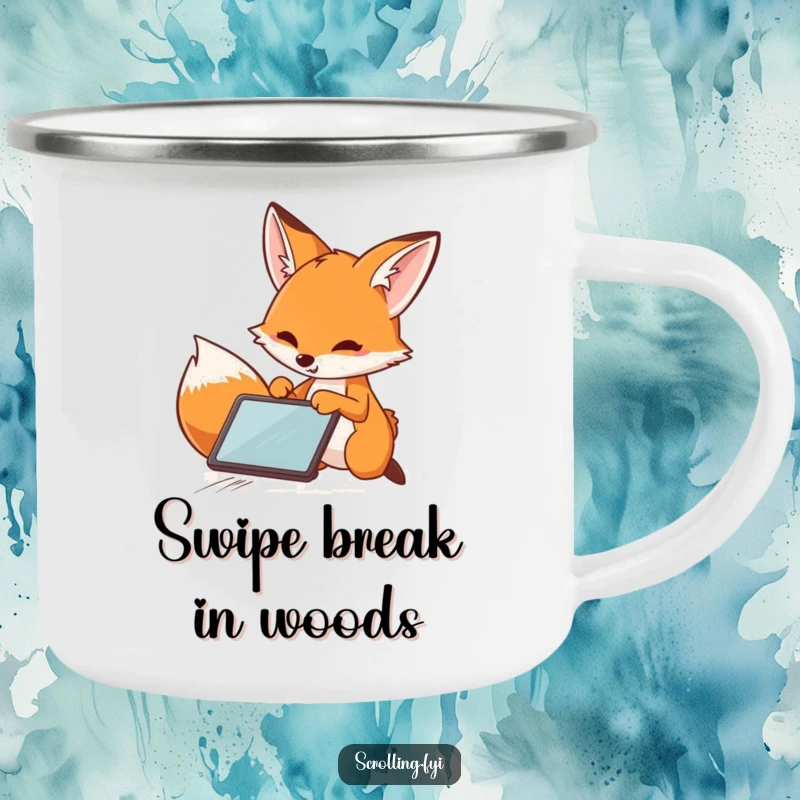 Funny Fox Camping Mug: Sturdy mug showing a playful fox swiftly swiping a tablet, perfect for the active techie.