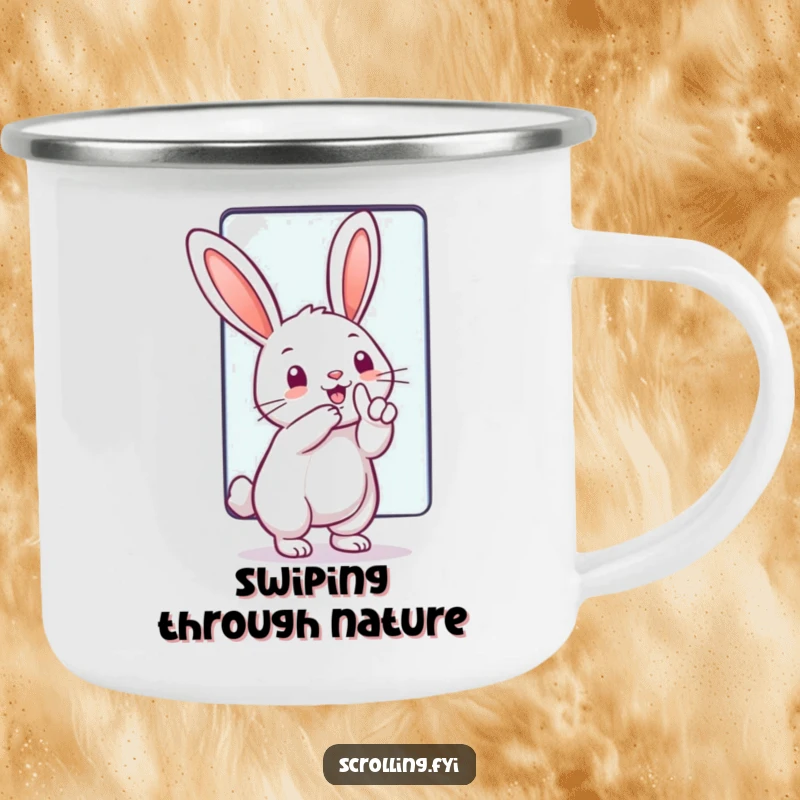 Funny Camping Mug: A rabbit gleefully swiping a large touchscreen, bringing tech humor and fun to outdoor excursions.