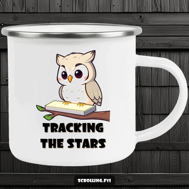 Funny Owl Camping Mug: A curious owl tapping a screen, perfect for outdoor tech enthusiasts, a durable and humorous mug.
