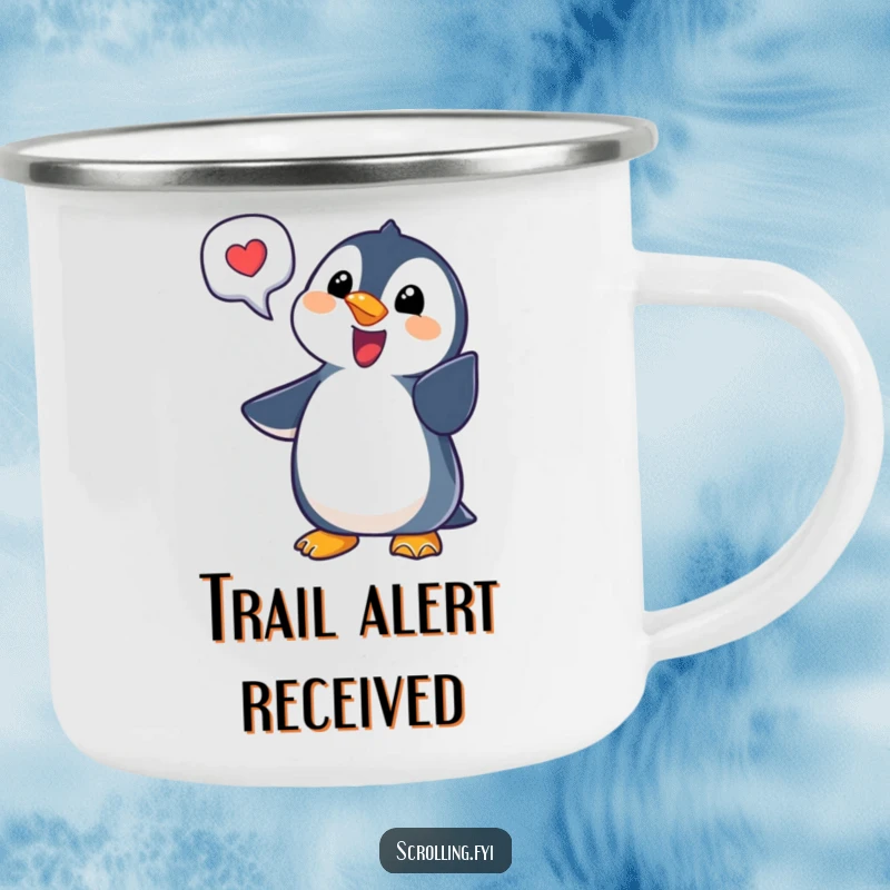Funny penguin notification camping mug with a delighted penguin, ideal for outdoor tech and as a funny gift.