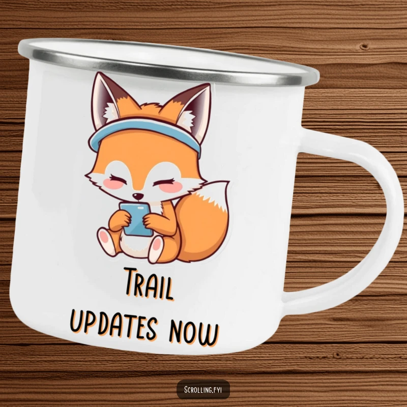 Funny camping mug with a smiling fox engrossed in its phone, perfect for happy outdoor tech enthusiasts.
