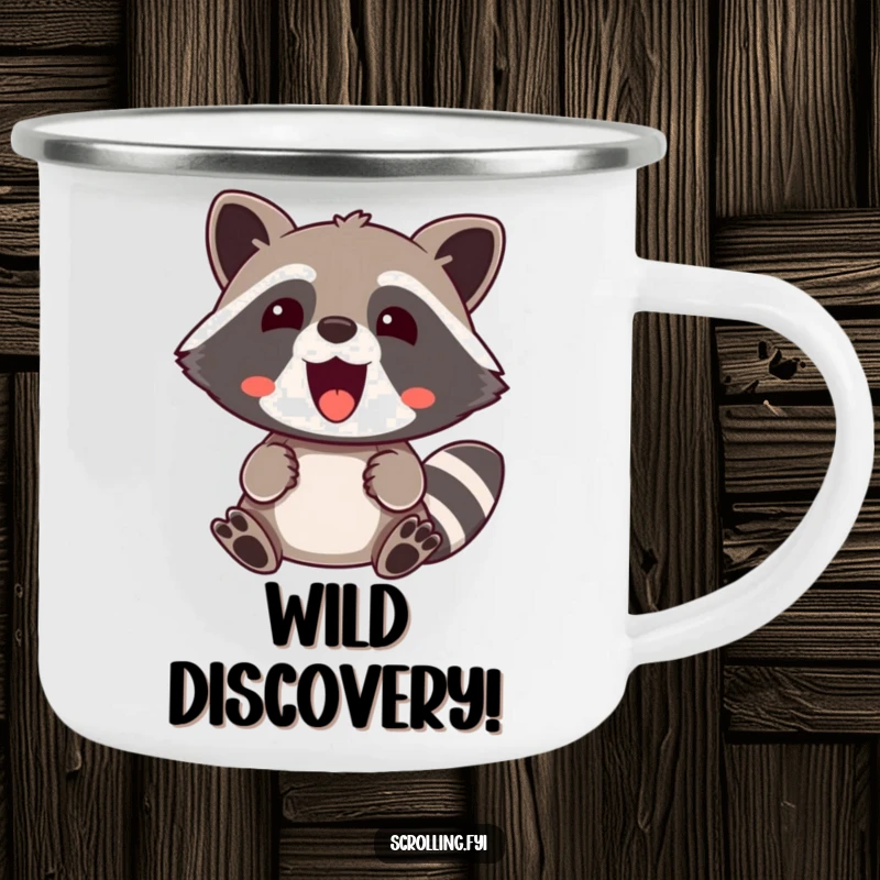 Funny Camping Mug: A jovial raccoon with wide eyes expresses surprised delight, ideal for outdoor sipping.