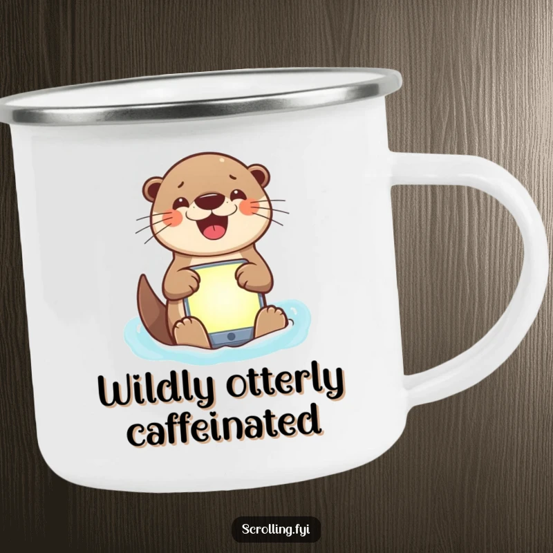 Funny camping mug with a smiling otter using a device outdoors, conveying a humorous and adventurous spirit.