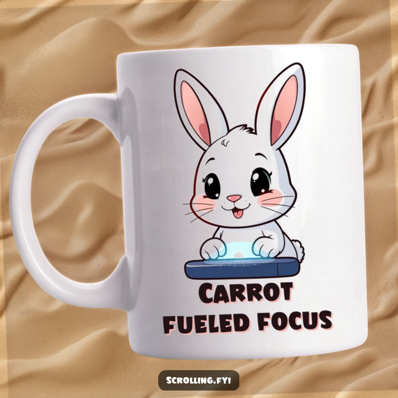 Funny mug showing a happy bunny with wide, staring eyes, intently focused on a glowing screen, representing digital immersion humorously.