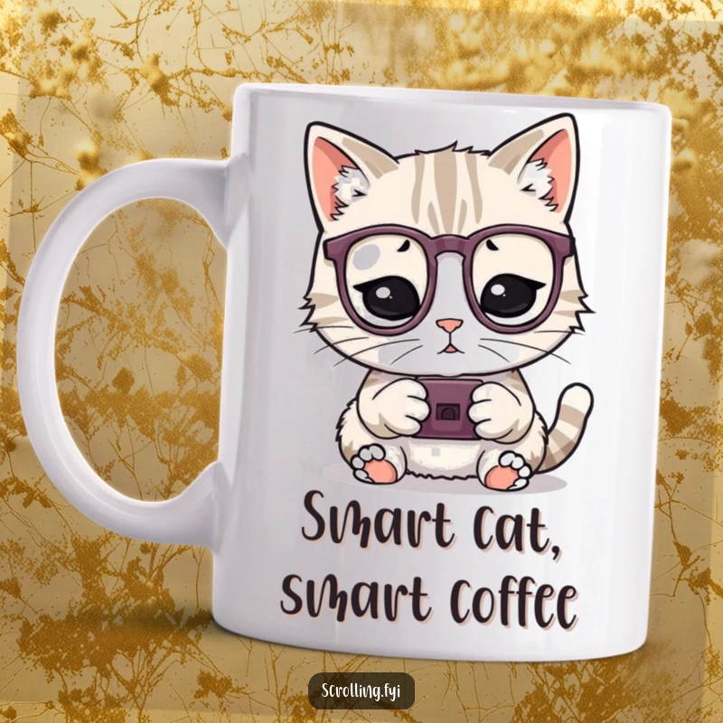 Funny playful cat wearing glasses, engrossed in a tiny device, perfect for a smart and funny gift mug.