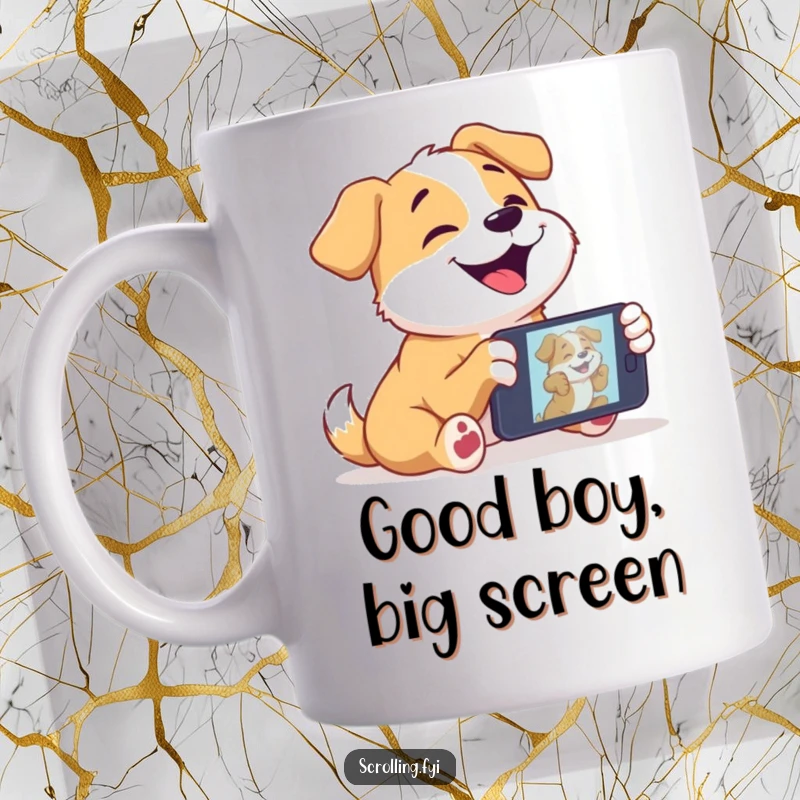 Funny dog mug showing a joyful dog utterly captivated and staring intently at a video on a mobile device.