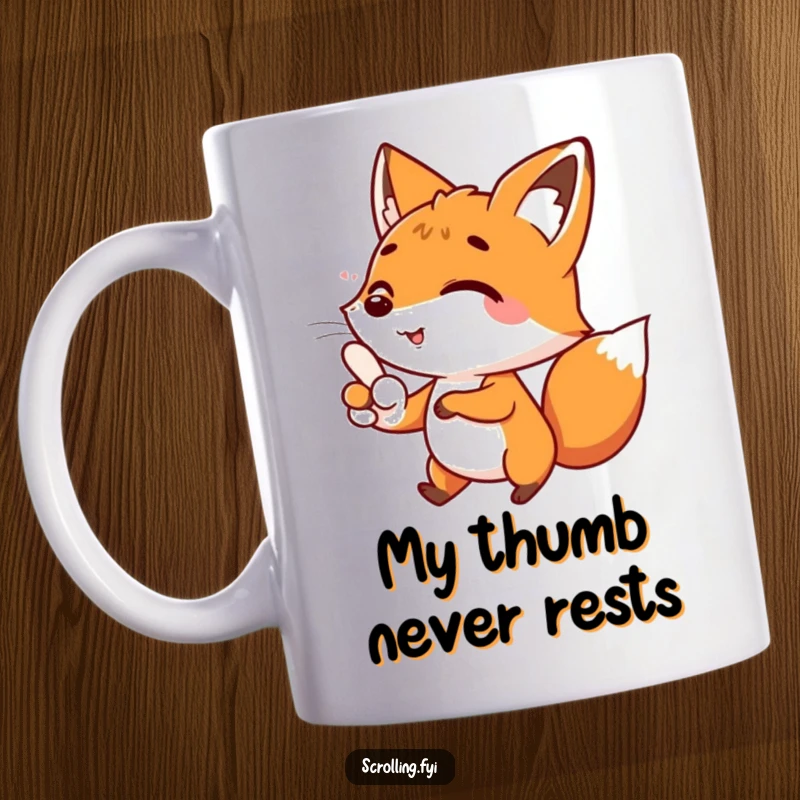 Funny fox character happily scrolling with its thumb on a phone, perfect for a funny gift mug.