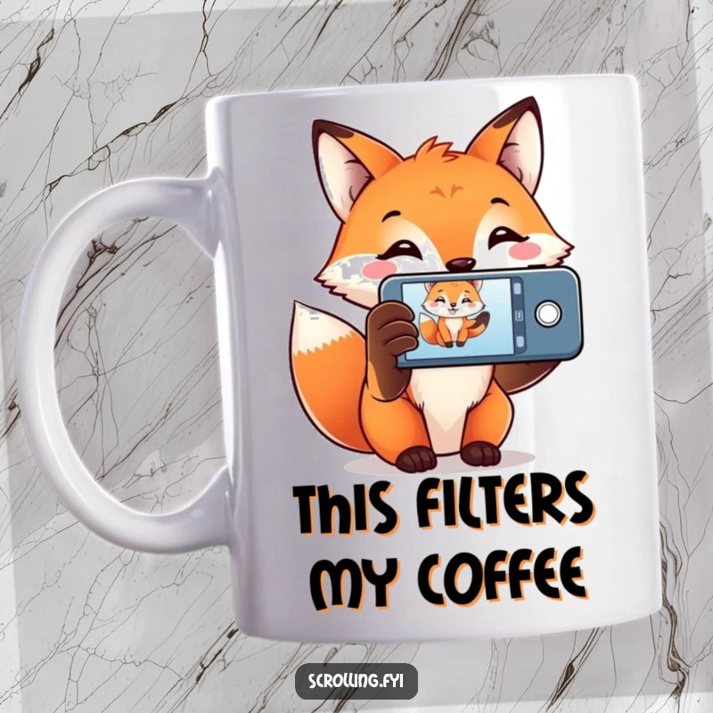 Funny Fox Mug showing a smiling fox holding a phone to capture a moment, embodying the spirit of a modern-day photographer.
