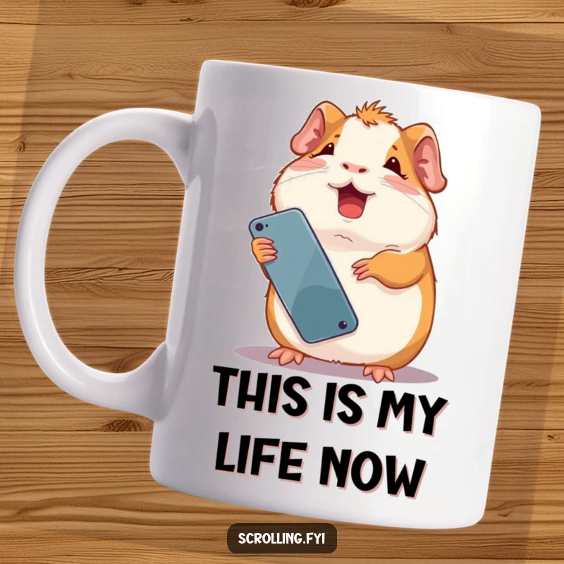 Funny giggling guinea pig holding a smartphone upside down, looking amused. Ideal for a funny gift mug.