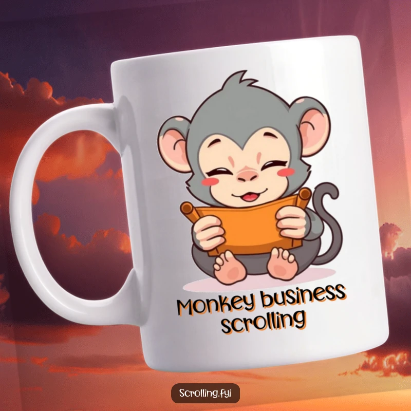 Funny mug depicting a monkey with intense focus, vigorously scrolling with both hands on an unseen device. Hilarious screen time humor.