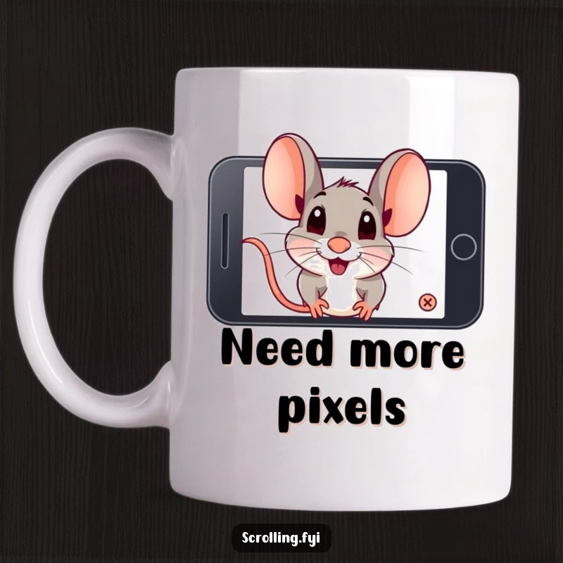 Funny playful mouse zooming in very closely on a smartphone screen with intense focus. Great funny mug.