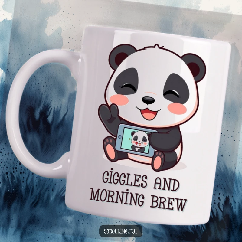 Funny mug with a giggling panda showing a humorous image on its mobile device, sharing digital laughter.