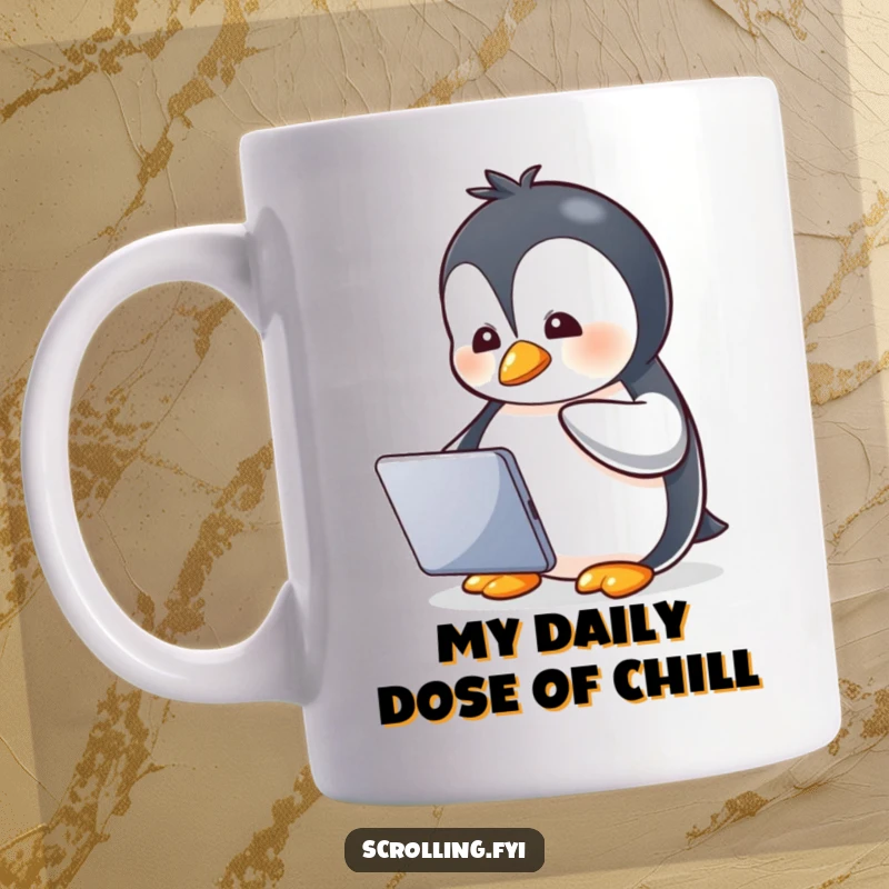 Funny mug with a little penguin watching a tablet with an expression of pure glee and fascination.