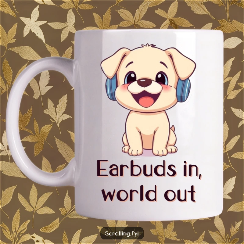 Funny mug featuring a happy puppy in tiny headphones, eyes wide with surprise at a phone notification.