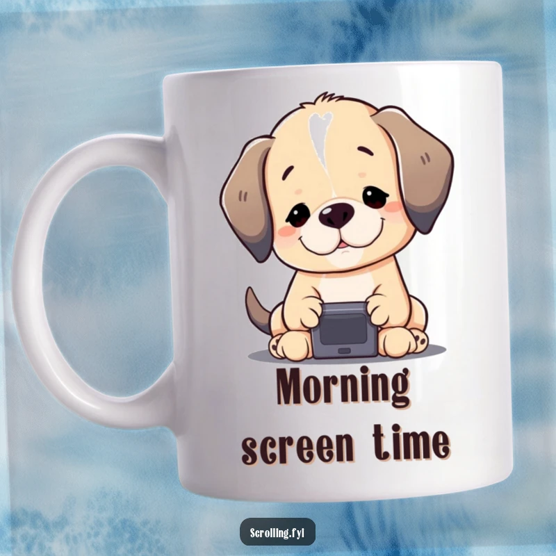 Funny Puppy Mug: Contented puppy mesmerized by a small screen, celebrating tech love and canine cuteness, a humorous gift.