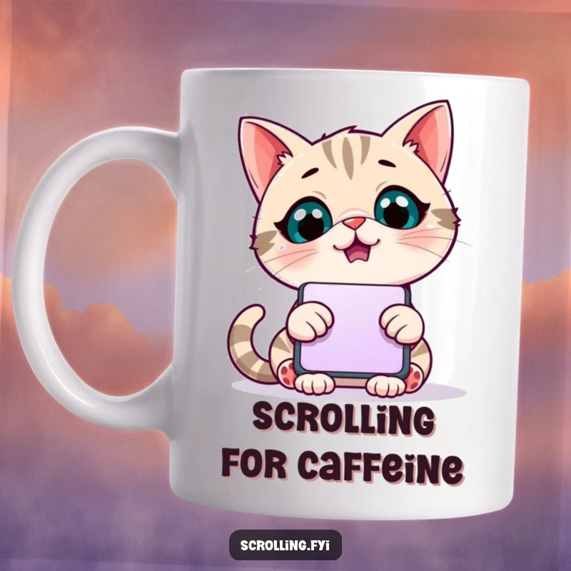 Funny mug featuring a giggling cat with wide eyes, engrossed in a giant scrolling phone screen.