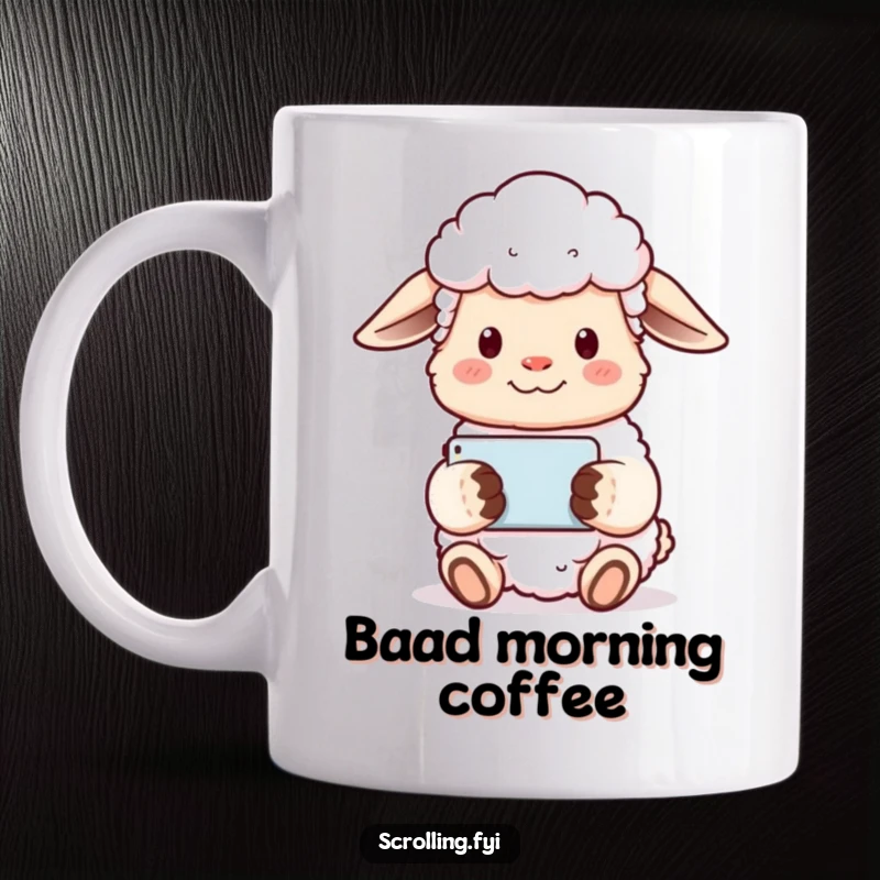 Funny sheep mug showing a content sheep holding a phone horizontally, watching something with a serene expression.