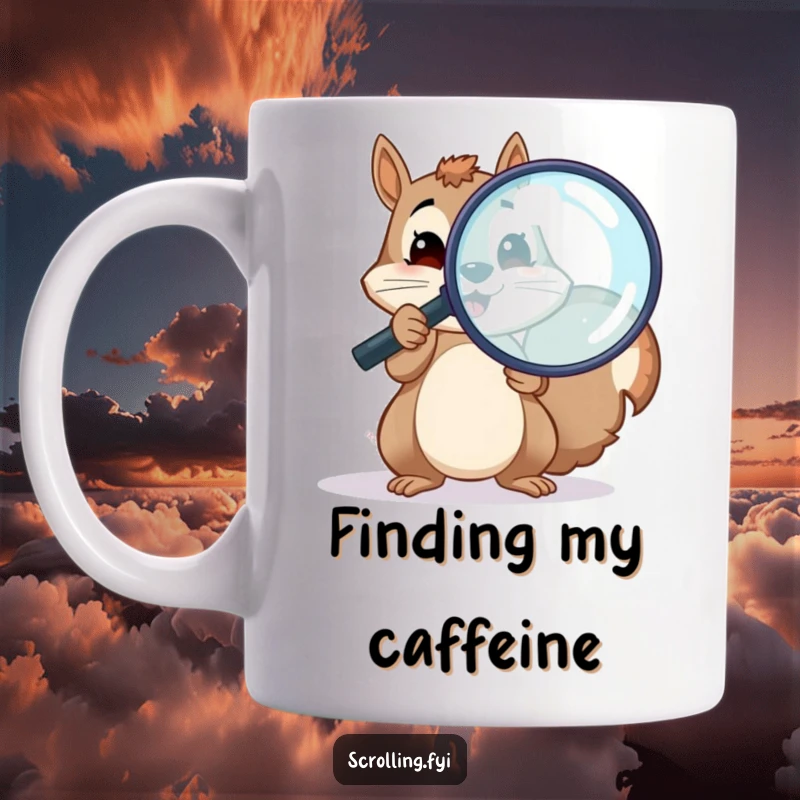 Funny cheerful squirrel holding a large magnifying glass over a screen, perfect for a funny detective gift mug.