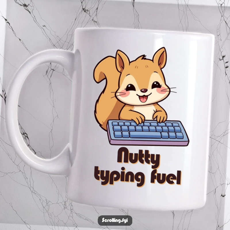 Funny Squirrel Mug showing a smiling squirrel happily typing a message on a keyboard, perfect for tech lovers.