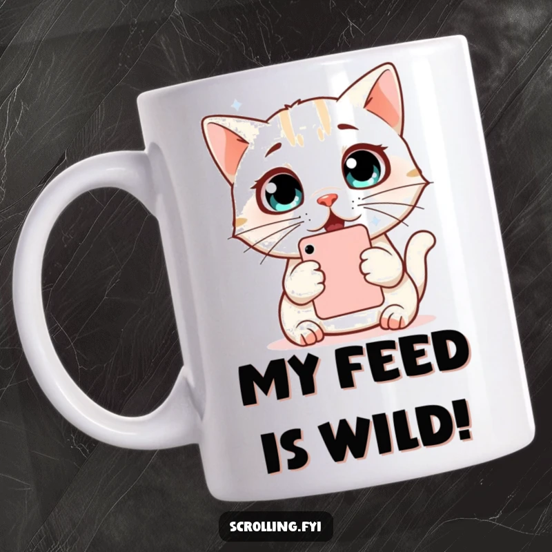 Funny Cat Mug: Astonished feline stares at phone screen with wide, amazed eyes, reacting to shocking content, perfect gift.
