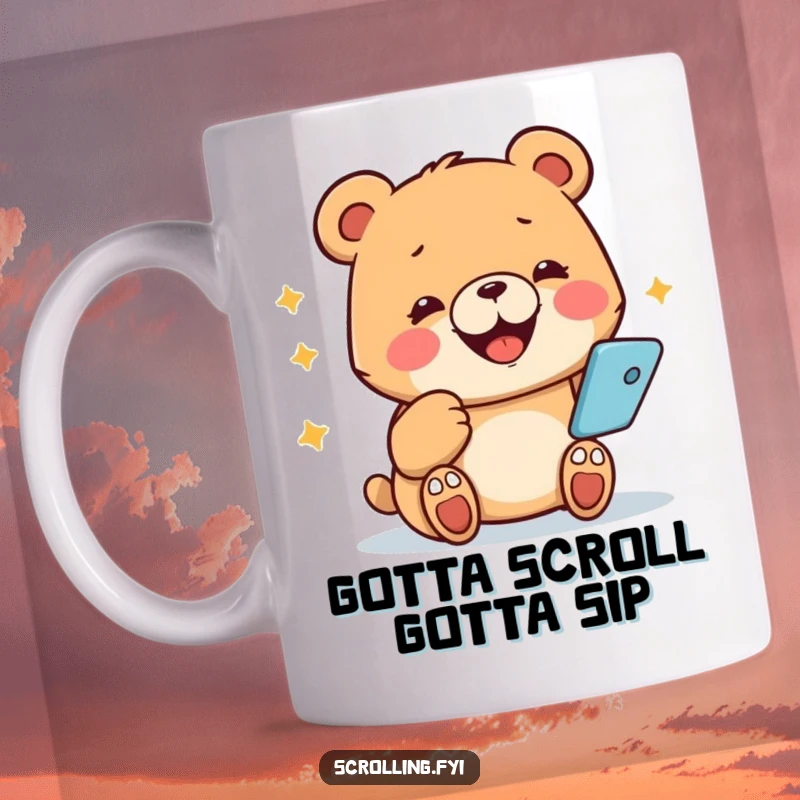 Funny bear mug, smiling wide and tapping rapidly on a smartphone, representing phone addiction humor.