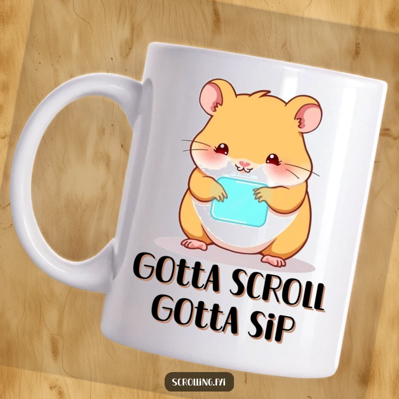 Funny hamster mug, happily tapping on a glowing device, showing small creature's tech fascination.