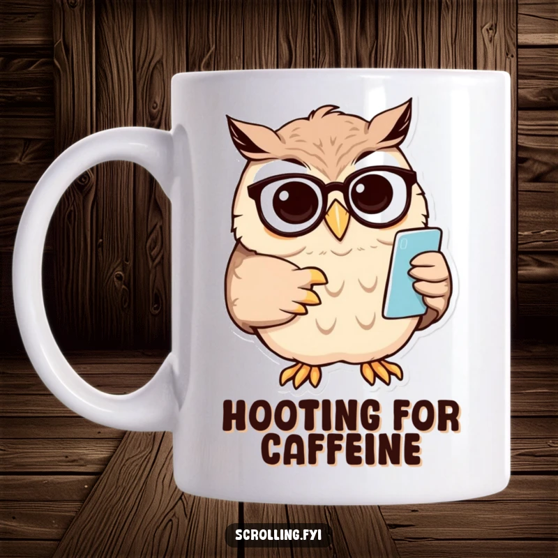 Funny owl mug with a wise owl squinting at a small phone screen and adjusting its spectacles, conveying tech struggles.
