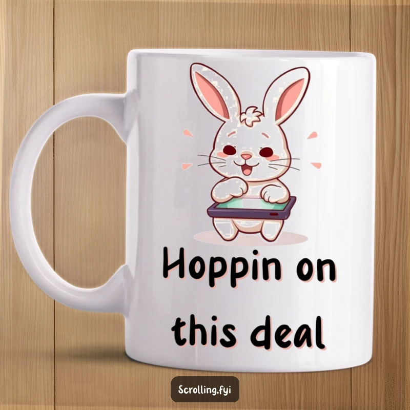 Funny determined rabbit character excitedly swiping on a tablet, perfect for a funny gamer gift mug.