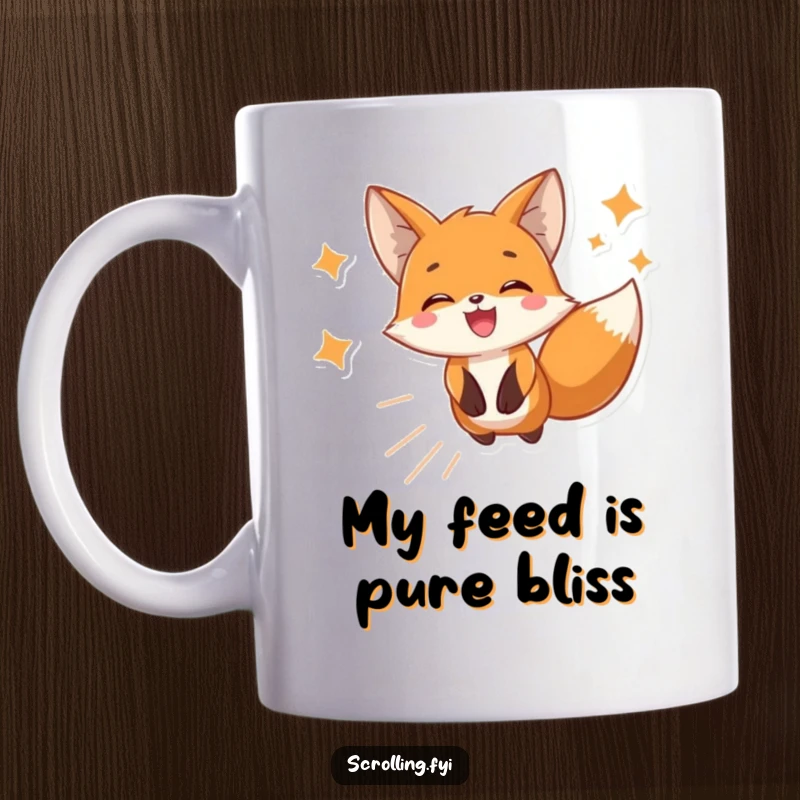 Funny mug featuring a joyful fox enthusiastically scrolling through phone images with a delighted expression, perfect for a tech gift.