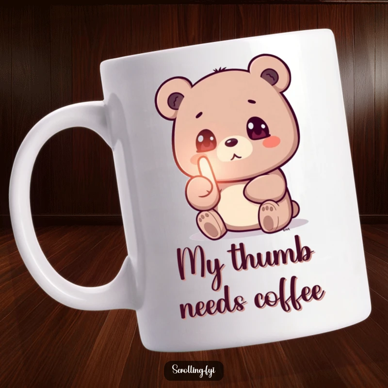 Funny mug featuring a small bear intensely focused on a glowing phone screen, thumb swiping rapidly, depicting screen addiction humor.