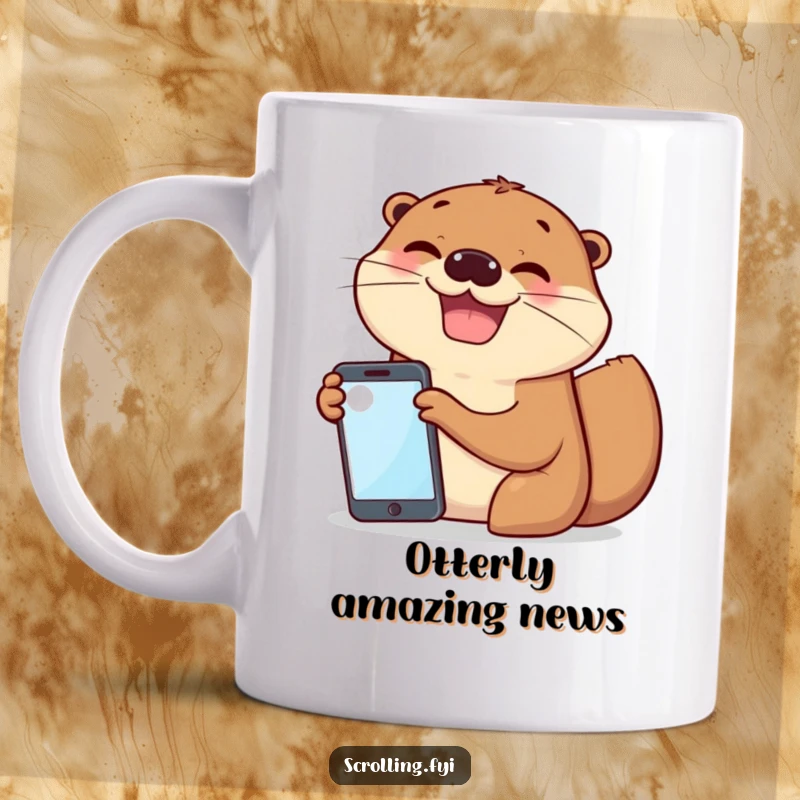 Funny mug with a cheerful otter excitedly showing its phone screen to a grinning friend, depicting shared excitement.