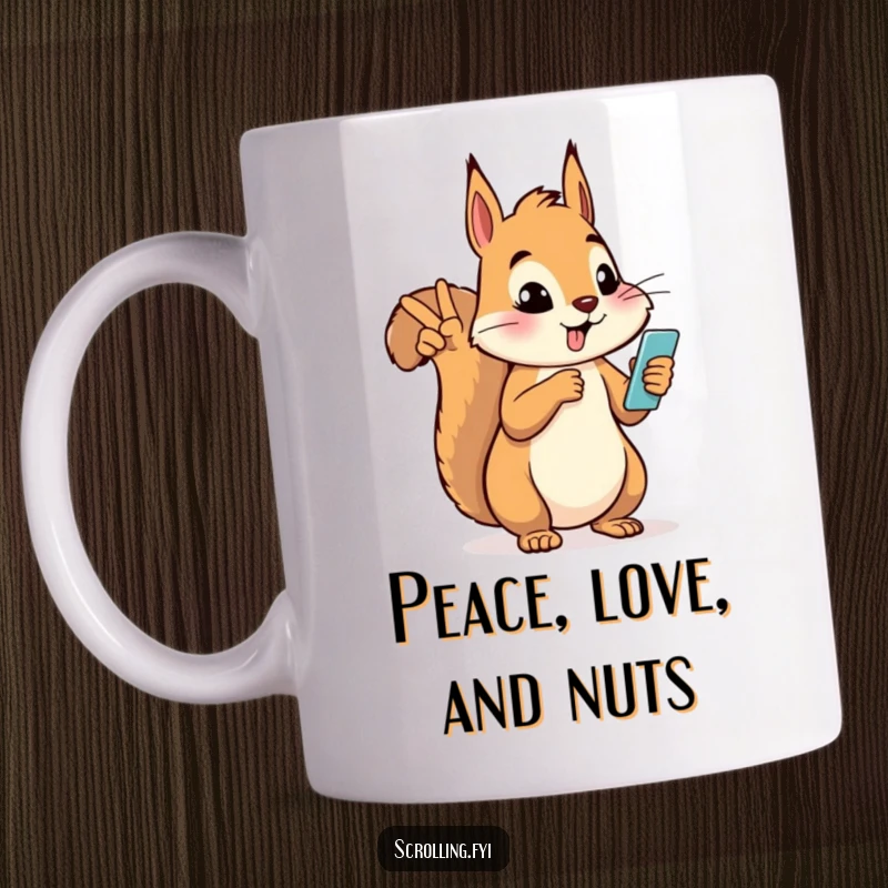 Funny silly squirrel making a peace sign while looking at a phone on a mug, embodying fun and connection.