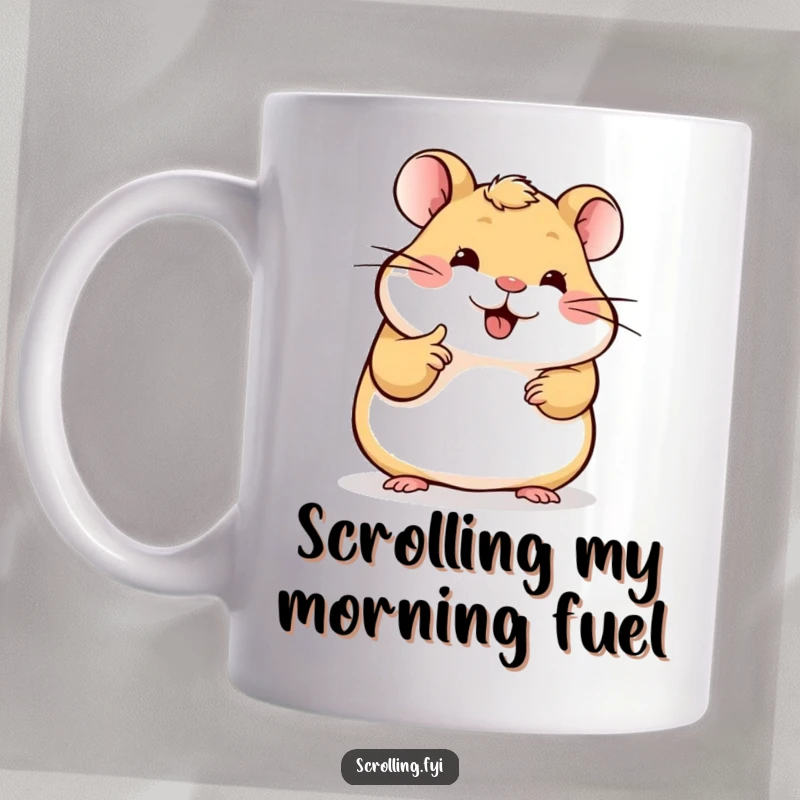 Funny Hamster Mug: Cute hamster with a single finger actively scrolling on a bright, glowing phone screen, expressing digital obsession.
