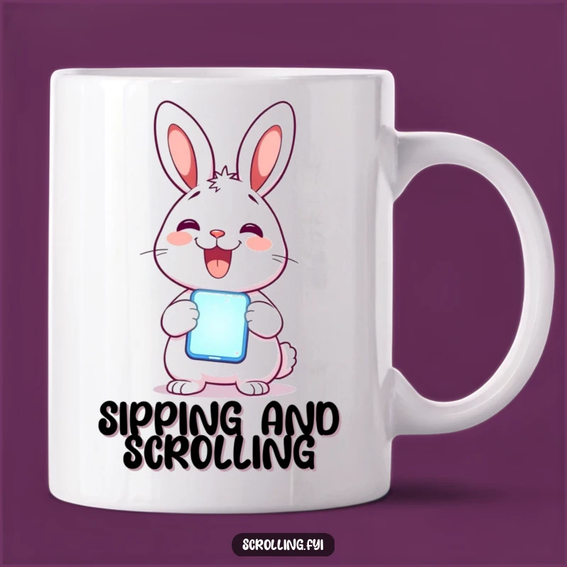 Funny Rabbit Phone Mug: Delighted Rabbit with Glowing Phone, Hilarious Tech Gift