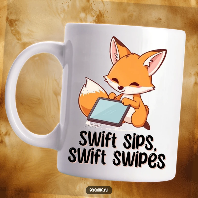 Funny Fox Mug: Playful fox with focused eyes rapidly swiping across a tablet screen, embodying speed and digital agility.