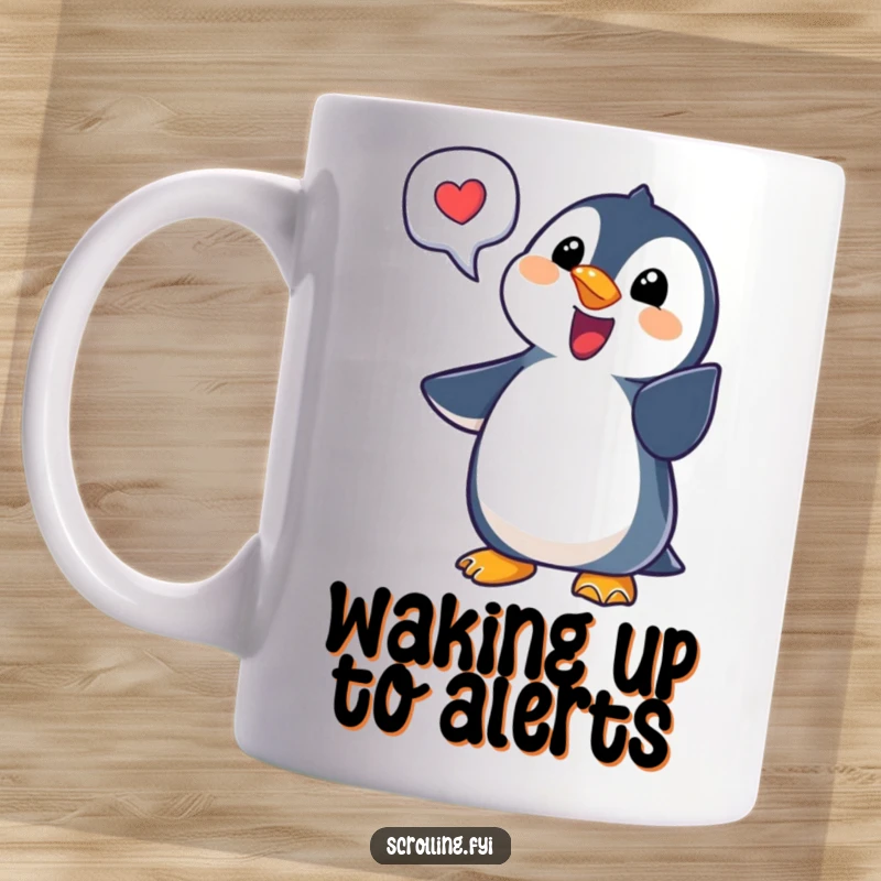 Funny penguin mug shows a delighted penguin pointing at a notification bubble, ideal for tech lovers and as a funny gift.