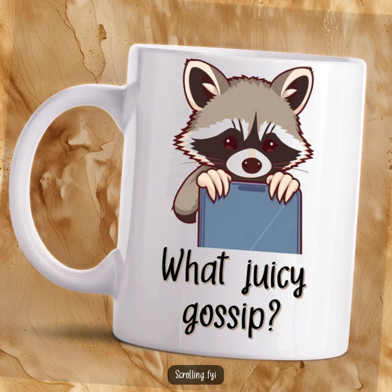 Funny Raccoon Mug: A mischievous raccoon peeking over a shoulder at a phone screen, embodying curiosity and humor, great gift.
