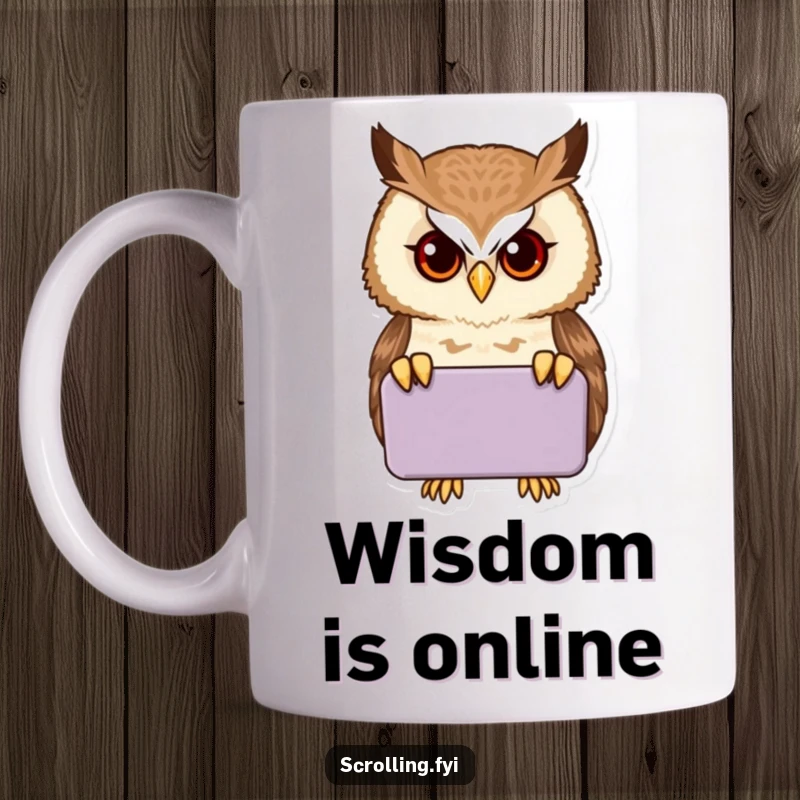 Funny proud owl intently peering into a smartphone on a mug, depicting a humorous tech-savvy bird.