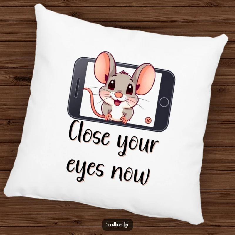 Funny playful mouse intently zooming in on a smartphone screen. Adorable funny pillow.