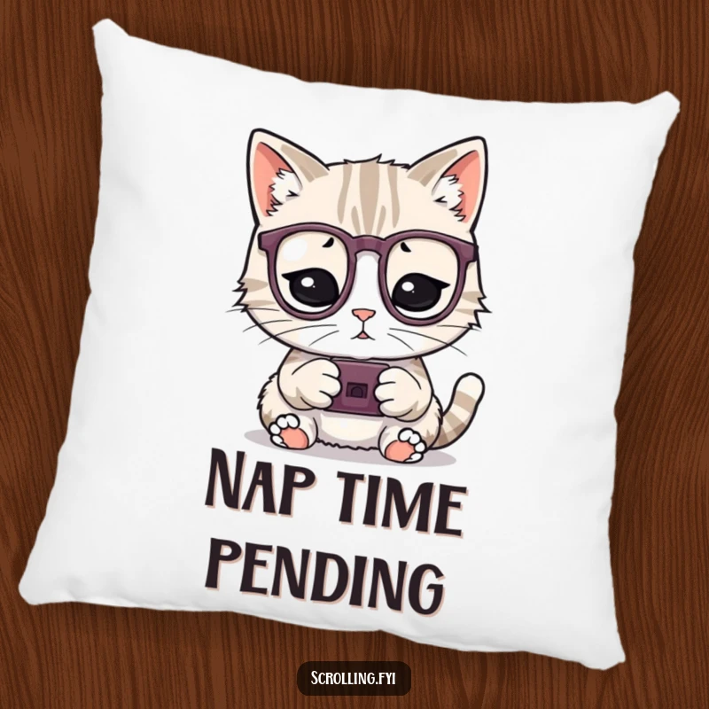 Funny plush pillow featuring a playful cat wearing glasses intently using a tiny device, a soft funny gift.