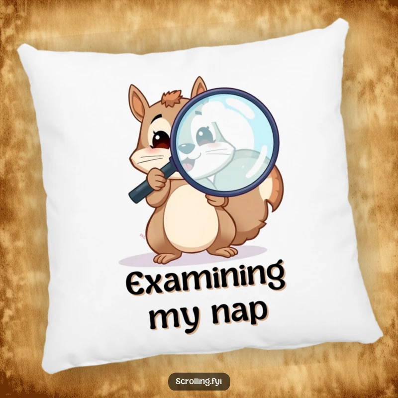 Funny plush pillow featuring a cheerful squirrel holding a magnifying glass over a screen, a soft funny gift.