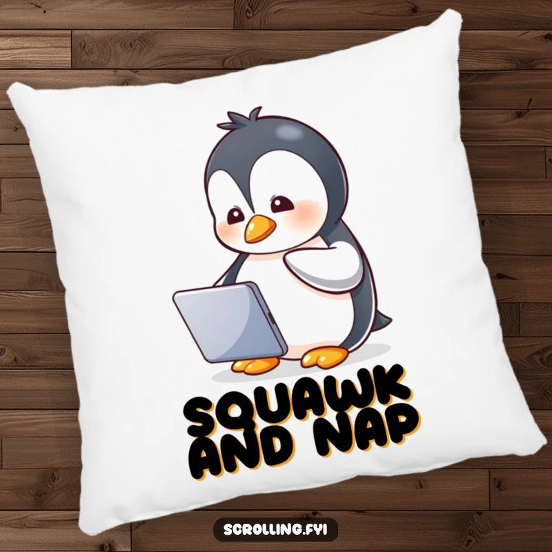 Funny pillow with a gleeful penguin watching a tablet, embodying a humorous and comfortable vibe.