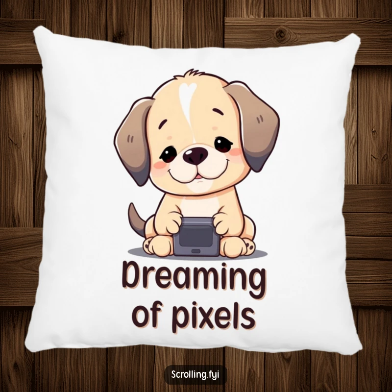 Funny Puppy Pillow: A content puppy gazing at a small screen, offering comfort and tech humor, perfect for cozy spaces.