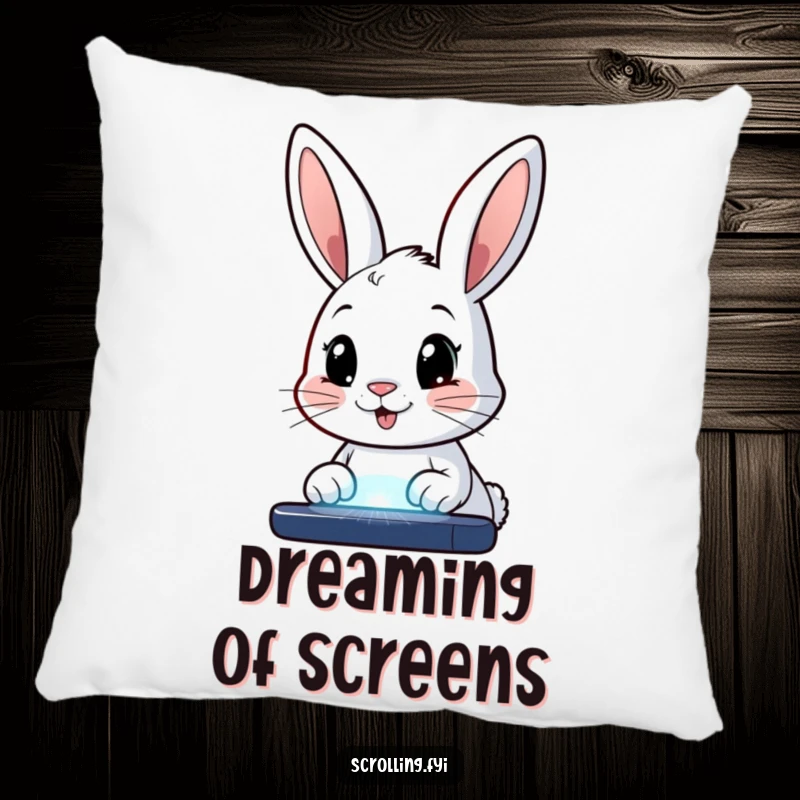 Funny pillow featuring a happy bunny with wide eyes, intently staring at a glowing screen, offering comfort and digital humor.