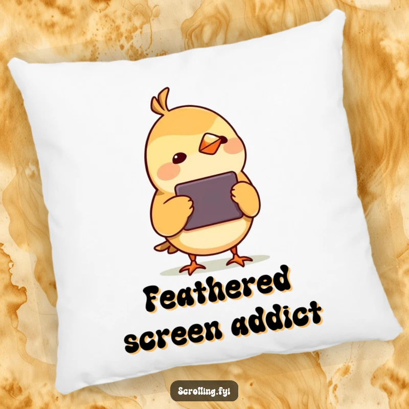 Funny Bird Watching Device Pillow: A soft, plush cushion featuring a small bird with an inquisitive head tilt, gazing intently at a gadget.