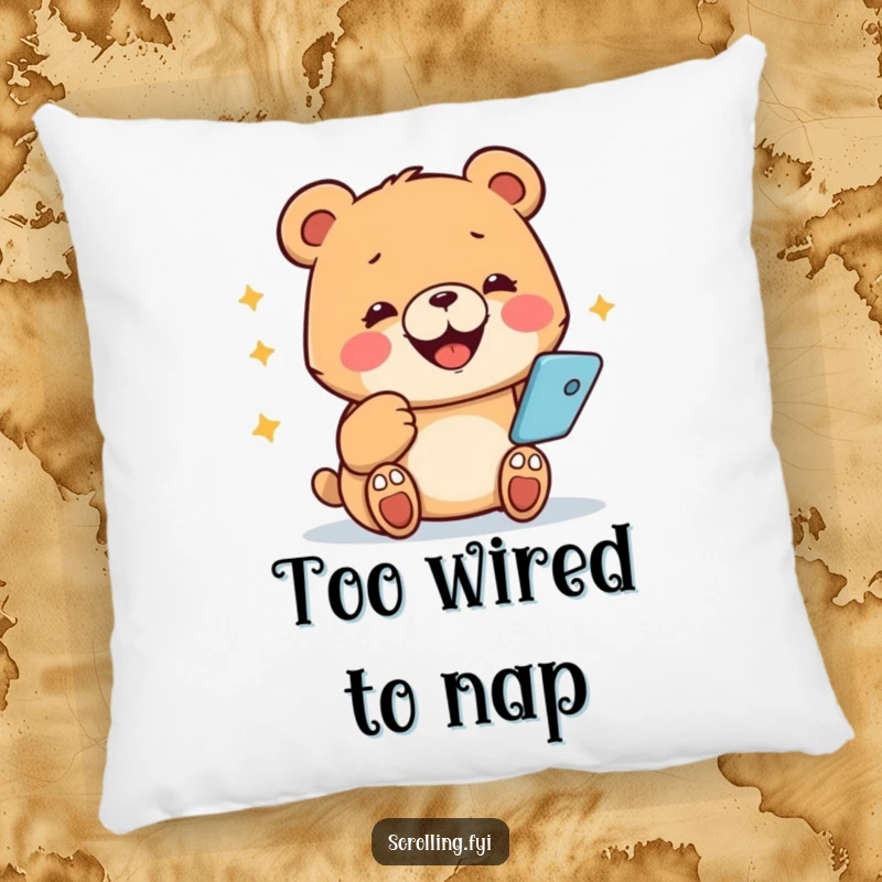 Funny bear pillow, smiling enthusiastically while using a smartphone, capturing the essence of phone addiction.