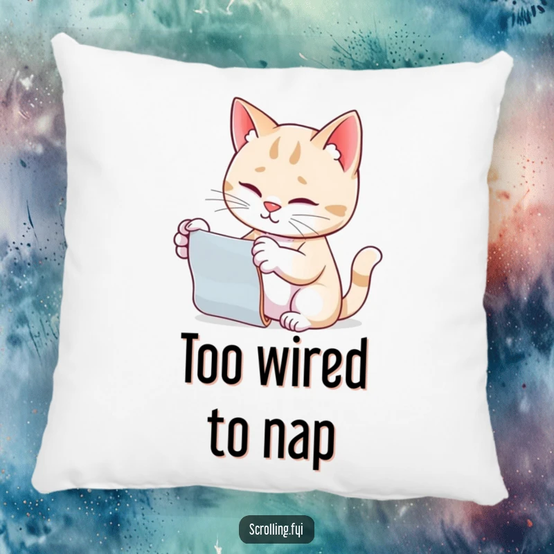 Funny cat pillow, engrossed in scrolling motion with paw outstretched, representing feline digital habits.