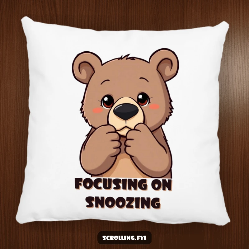 Funny pillow with a determined bear focusing intently on a photo, offering comfort and humorous decor for detail-oriented people.