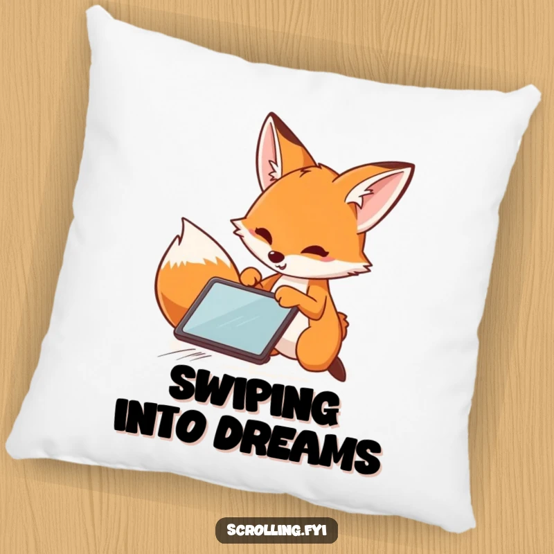 Funny Fox Pillow: Soft pillow showcasing a playful fox swiftly swiping across a tablet screen, a cozy tech accessory.