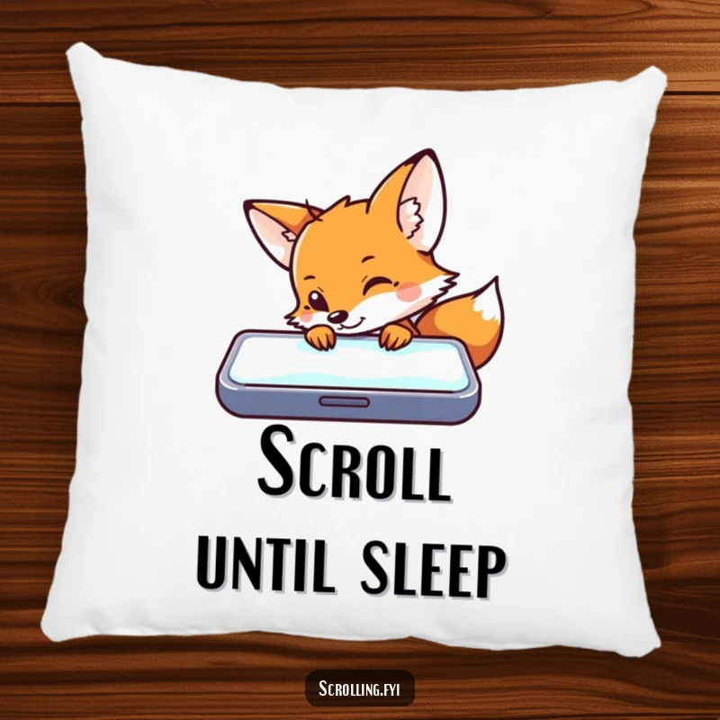 Funny pillow illustration of a curious fox peeking at a luminous smartphone, adding a touch of tech humor.